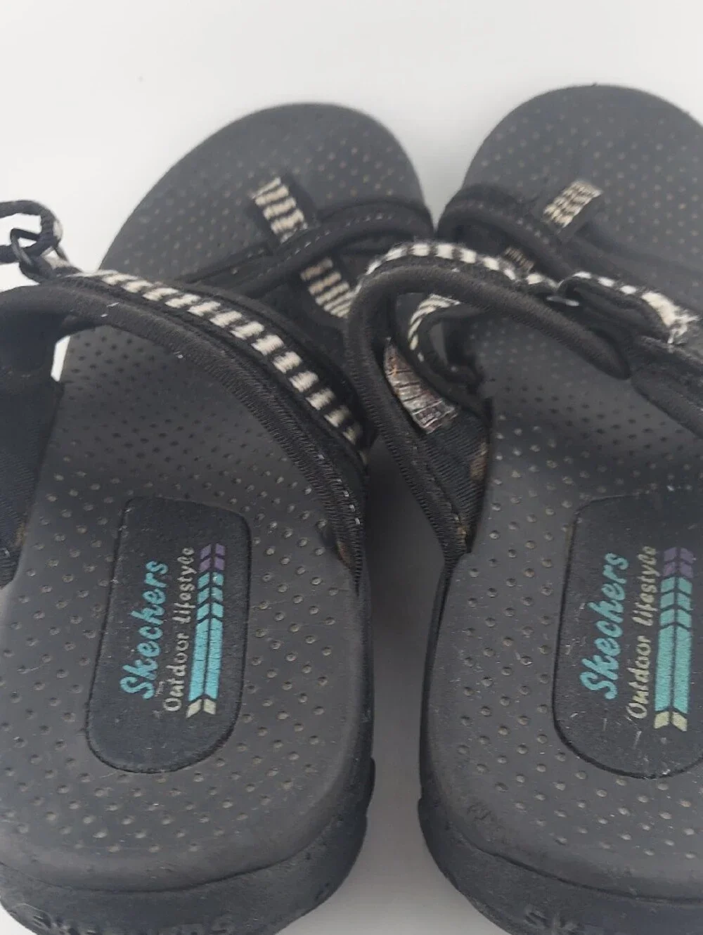 Skechers Womans Black Sandals with White-Striped Webbing